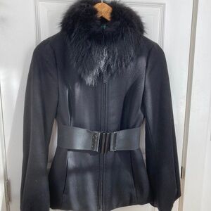 United Colors of Benetton Belted Jacket Fur Collar (Removable) Bell Sleeve EU40